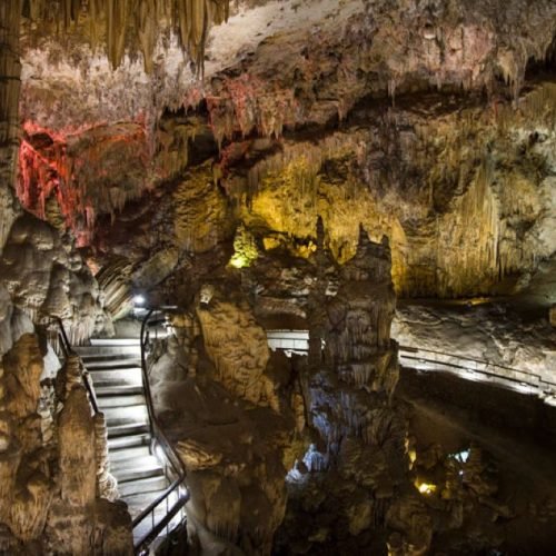 Illuminated stalactites and walkways inside the Nerja Caves, venue of the famous Festival Internacional de Música y Danza.