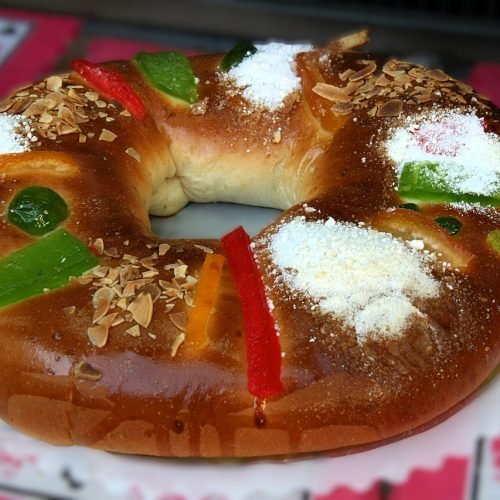 Traditional Spanish Roscón de Reyes decorated with candied fruit and powdered sugar.